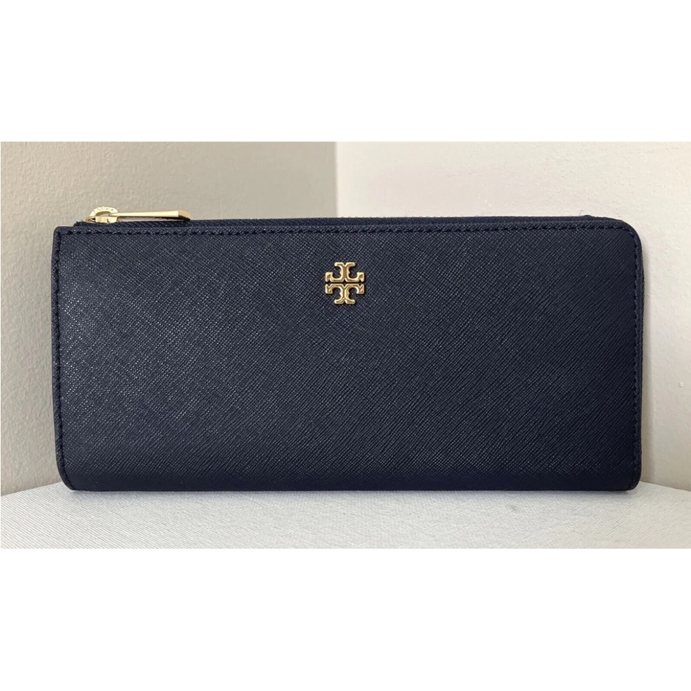 New Tory Burch Emerson L-Zip Continental Wallet Saffiano Leather Navy